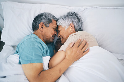Buy stock photo Top view, hug and senior couple in bed, relax and sleeping with happiness, quality time and loving together. Romance, old man or elderly woman embrace, bedroom and retirement with marriage and love