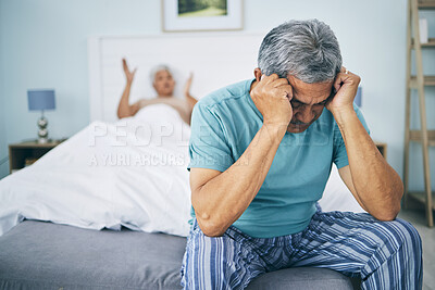Buy stock photo Bed, divorce and senior couple with anxiety, angry and ignore with infidelity, marriage and frustrated. Stress, old man and elderly woman in a bedroom, fight and depression with marital problems