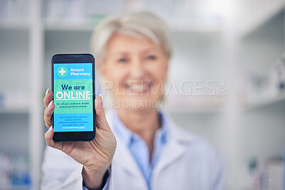 Buy stock photo Woman, pharmacist and phone screen for advertising, online marketing or branding at pharmacy. Hands of female person, medical or healthcare professional show mobile smartphone app for advertisement