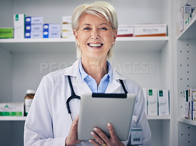 Buy stock photo Senior woman, pharmacist and tablet data portrait with medical stock and digital telehealth work. Pharmacy, healthcare store and research with elderly female employee with a smile with information 