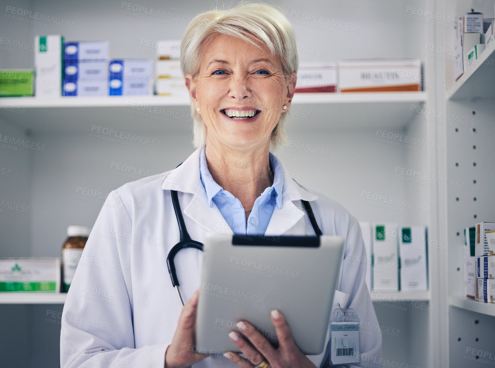 Buy stock photo Senior woman, pharmacist and tablet data portrait with medical stock and digital telehealth work. Pharmacy, healthcare store and research with elderly female employee with a smile with information 