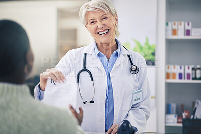 Buy stock photo Happy woman, pharmacist and patient for prescription, consultation or quote at the pharmacy. Female person, medical or healthcare professional smile and giving customer doctors note for diagnosis