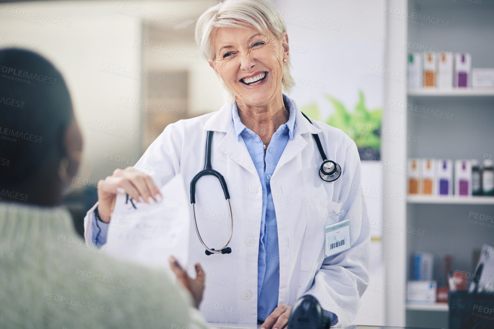 Buy stock photo Happy woman, pharmacist and patient for prescription, consultation or quote at the pharmacy. Female person, medical or healthcare professional smile and giving customer doctors note for diagnosis