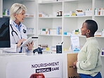 Woman, pharmacist and tablet for consulting patient, prescription or healthcare advice at pharmacy. Female person or medical professional with technology talking to customer in consultation at clinic