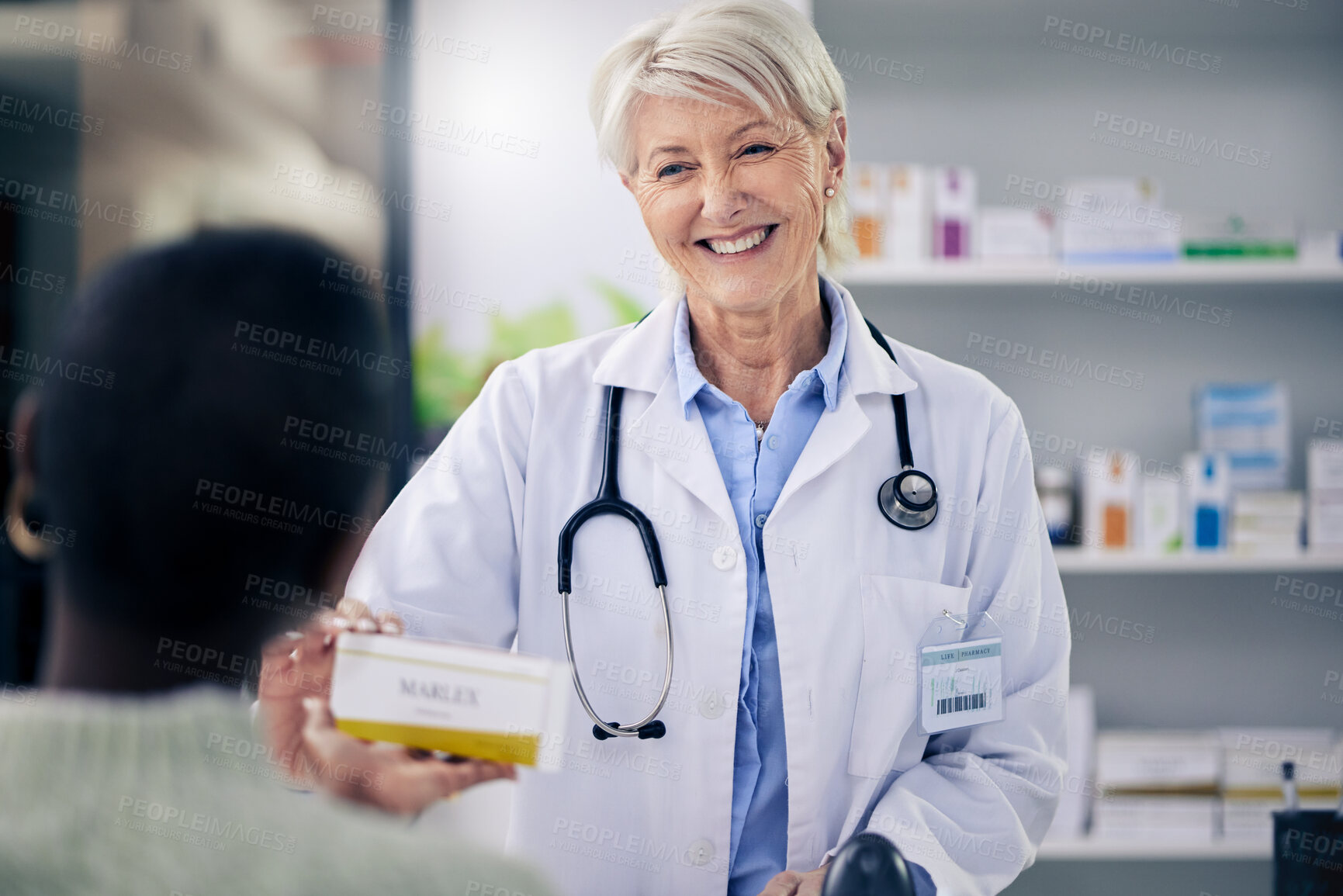 Buy stock photo Happy woman, pharmacist and medicine box for patient, pills or prescription over the counter at pharmacy. Female person, medical or healthcare professional giving pharmaceutical product to customer