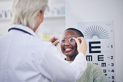 Eye exam, glasses and vision, doctor and patient with women in optometry clinic, health insurance and help. Prescription lens, frame and eyesight, healthcare for eyes and ophthalmology with eyecare