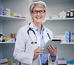 Senior woman, pharmacist and tablet portrait with medical stock and digital information. Pharmacy, healthcare store and pills with elderly female employee with a smile with pills information 