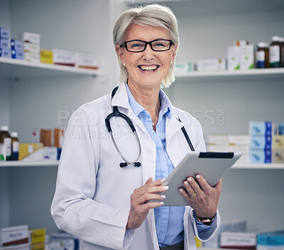 Buy stock photo Senior woman, pharmacist and tablet portrait with medical stock and digital research. Pharmacy, healthcare store and pills with elderly female employee with a smile with work data information 