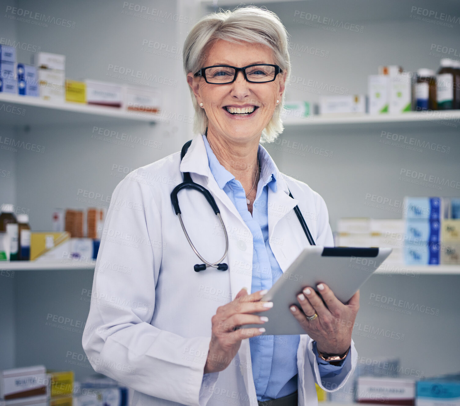 Buy stock photo Senior woman, pharmacist and tablet portrait with medical stock and digital research. Pharmacy, healthcare store and pills with elderly female employee with a smile with work data information 