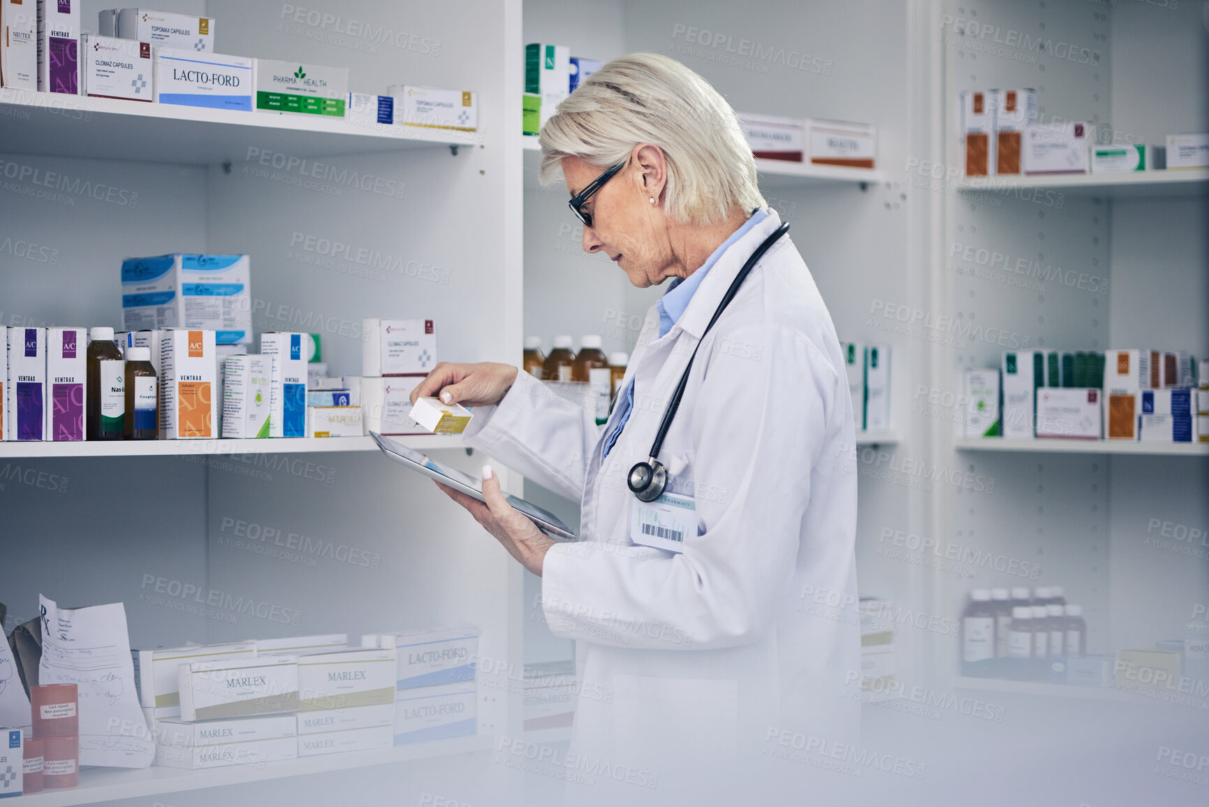 Buy stock photo Professional chemist, woman and tablet with medicine for inventory with medical expert for research. Doctor, work and pharmacy with tech to check pills with online information on app for health care.