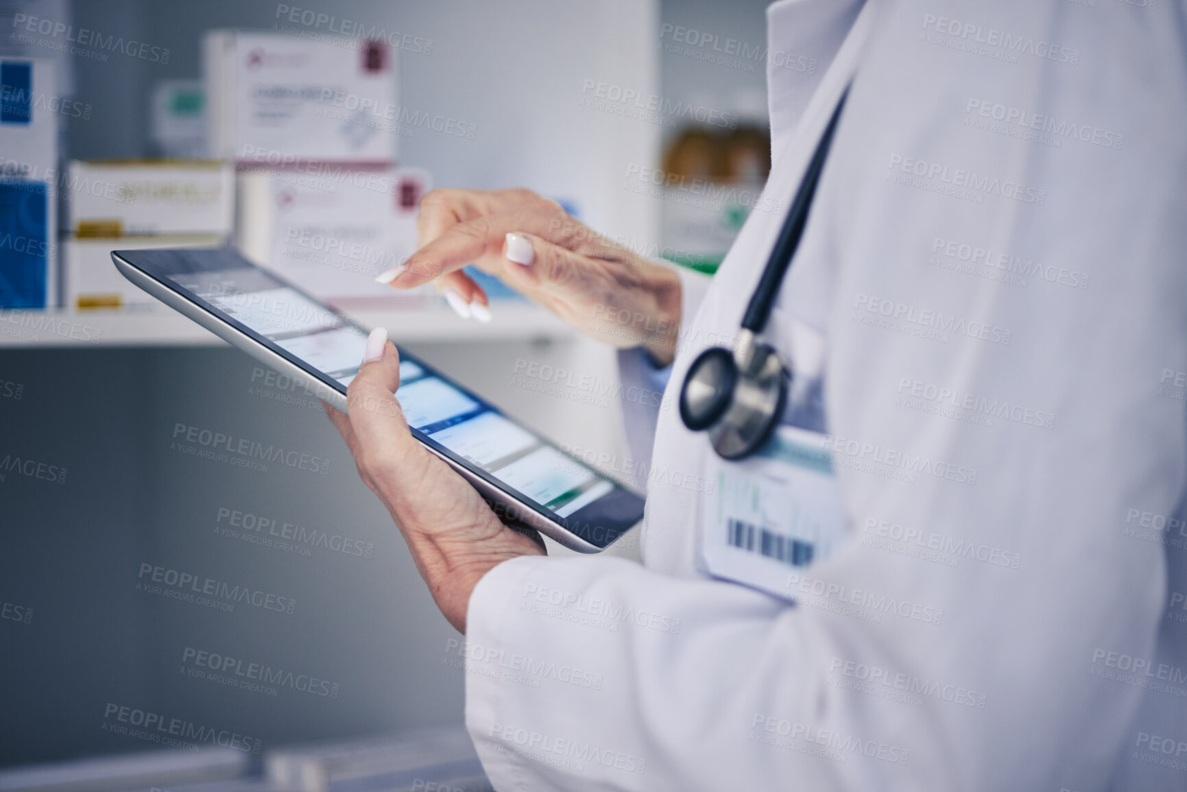 Buy stock photo Woman, pharmacist and hands on tablet in medical research, inventory or ecommerce order on pharmacy app. Closeup of person or healthcare professional working on technology for telehealth or checklist