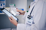 Pharmacist, work and tablet with medicine or hand
 in pharmacy for research on online app. Doctor, work and tech with pill for inventory or information with medical expert on web for analysis.