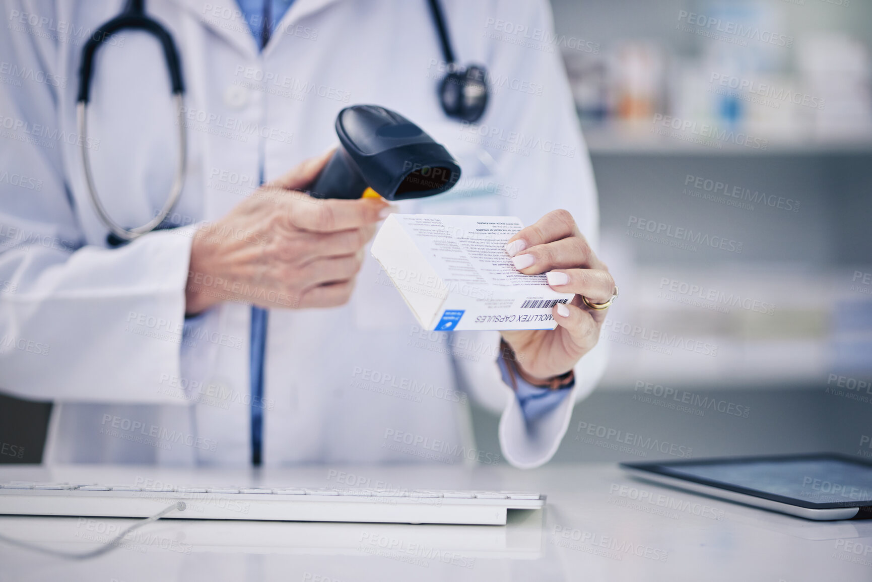 Buy stock photo Pharmacist, hands and scanning pills, cashier with woman and pharmacy, digital scanner and stock barcode. Pharmaceutical, tablet box and female person with health, medicine and retail commerce