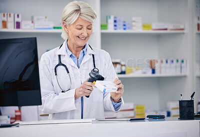 Buy stock photo Senior pharmacist, woman and scanning pills, cashier with medicine and pharmacy, digital and stock barcode. Pharmaceutical store, tablet box and female person with health, service and retail commerce