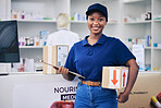 Black woman, package and pharmacy in portrait with smile or medical items for stock. Employee, parcel and face with cardboard box or healthcare product for delivery for job, shipping or logistics. 