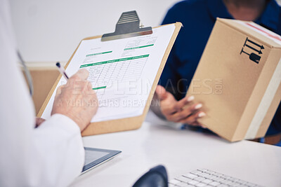 Buy stock photo Doctor, delivery and hand with box at pharmacy for signing document with medication or logistics. Healthcare, worker and receive pharmaceutical stock with courier package with service person.