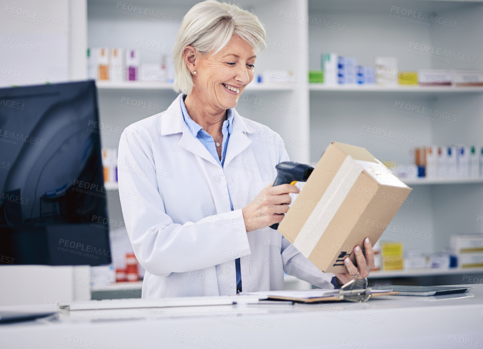 Buy stock photo Senior pharmacist, woman and scanning package, cashier with medicine and pharmacy, digital and stock barcode. Pharmaceutical, box of drugs and female person with health, service and retail commerce