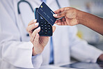 Woman, pharmacist and hands with credit card for payment or electronic purchase on pos at pharmacy. Closeup of female person and customer tap to pay or scan for pharmaceutical medication at drugstore