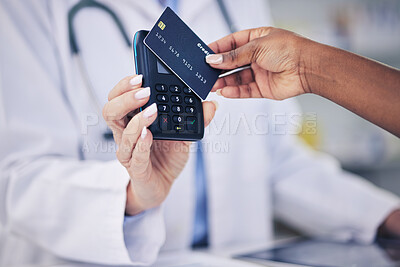 Buy stock photo Woman, pharmacist and hands with credit card for payment or electronic purchase on pos at pharmacy. Closeup of female person and customer tap to pay or scan for pharmaceutical medication at drugstore