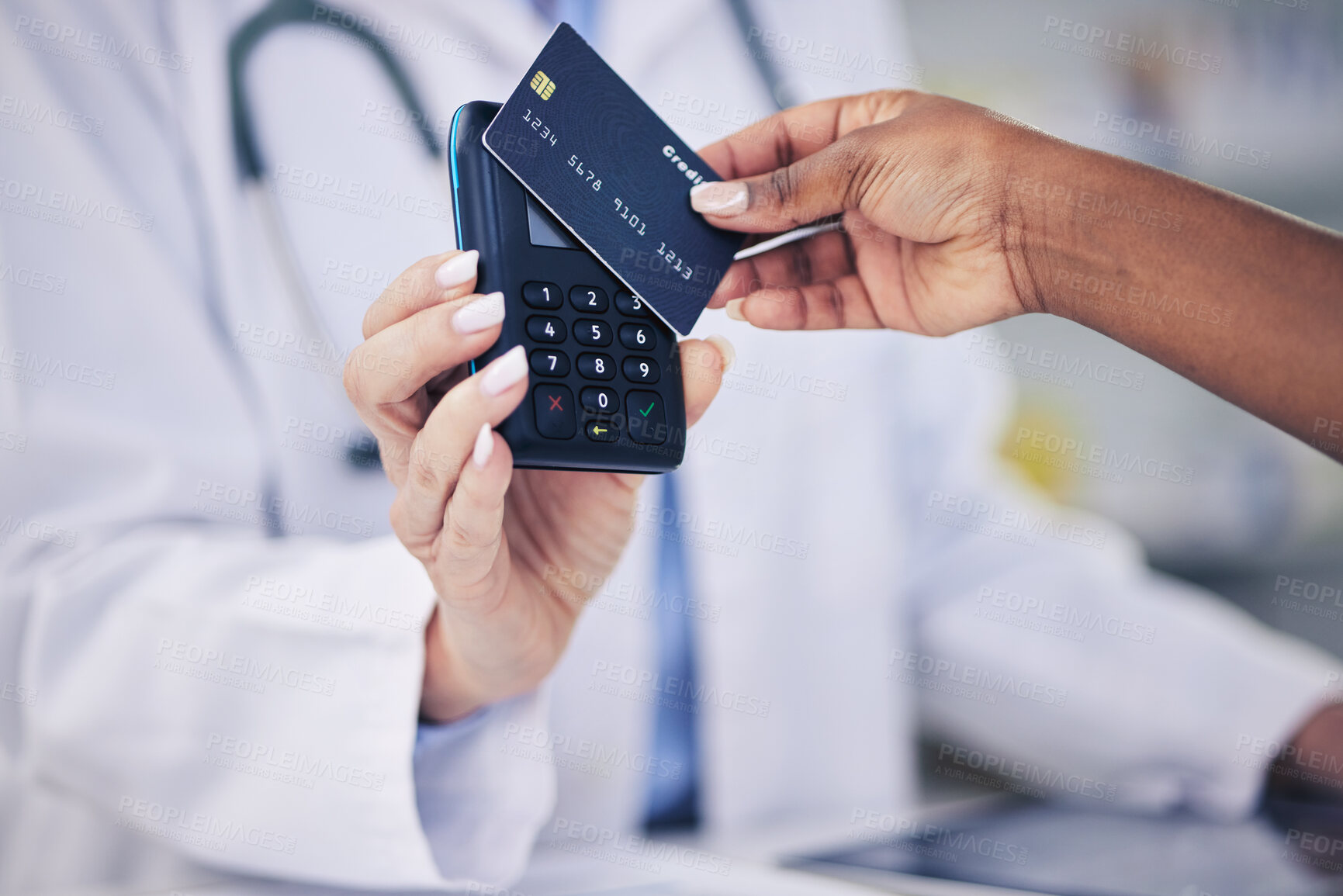 Buy stock photo Woman, pharmacist and hands with credit card for payment or electronic purchase on pos at pharmacy. Closeup of female person and customer tap to pay or scan for pharmaceutical medication at drugstore