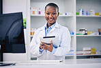 Black woman, tablet and pharmacist with checklist at counter for medicine stock, info and advice on drugs. Digital list, pharmacy and medical professional on online inventory for telehealth at shelf.