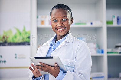 Buy stock photo Happy woman, tablet and pharmacist with checklist for stock of medicine, information and advice on drugs. Digital list, pharmacy and African medical professional with online inventory for telehealth.