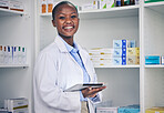 Portrait of black woman, tablet and pharmacist with checklist for stock of medicine, information and advice. Digital list, pharmacy and medical professional with smile, online inventory and helping.