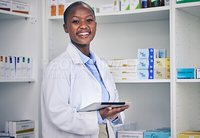 Buy stock photo Portrait of black woman, tablet and pharmacist with checklist for stock of medicine, information and advice. Digital list, pharmacy and medical professional with smile, online inventory and helping.