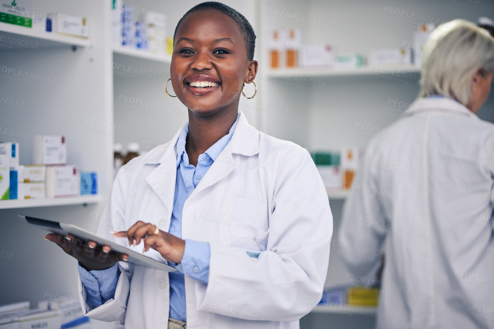 Buy stock photo Portrait of pharmacist, black woman with tablet and checklist for stock medicine, information and advice. Digital list, pharmacy and medical professional with smile, online inventory and telehealth.