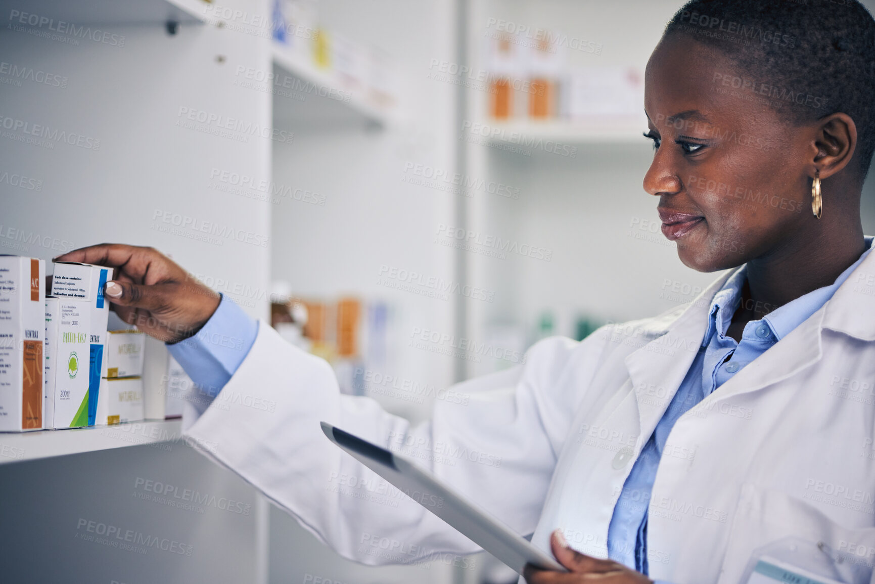 Buy stock photo Black woman, tablet and pharmacist with checklist for pills, stock of medicine or information on drugs. Digital list, pharmacy and medical professional with box for online inventory for telehealth.