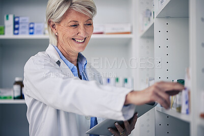 Buy stock photo Happy woman, tablet and pharmacist with checklist for stock of medicine, expert information and advice on drugs. Digital list, pharmacy and senior medical professional with online inventory at shelf.