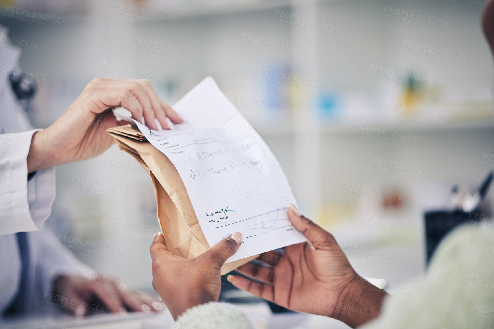 Buy stock photo Woman, pharmacist and hands of patient prescription, consultation or quote at the pharmacy. Closeup of female person, medical or healthcare professional giving customer doctors note for diagnosis