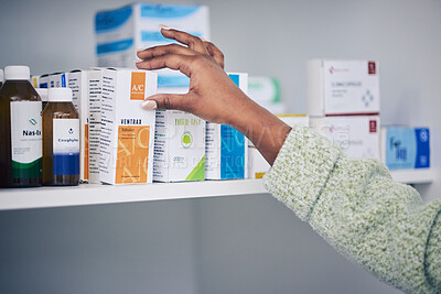 Buy stock photo Woman, customer and hands on box for medicine or medical medication on shelf at the pharmacy. Female person or patient shopping pharmaceutical products or drugs for healthcare cure at clinic store