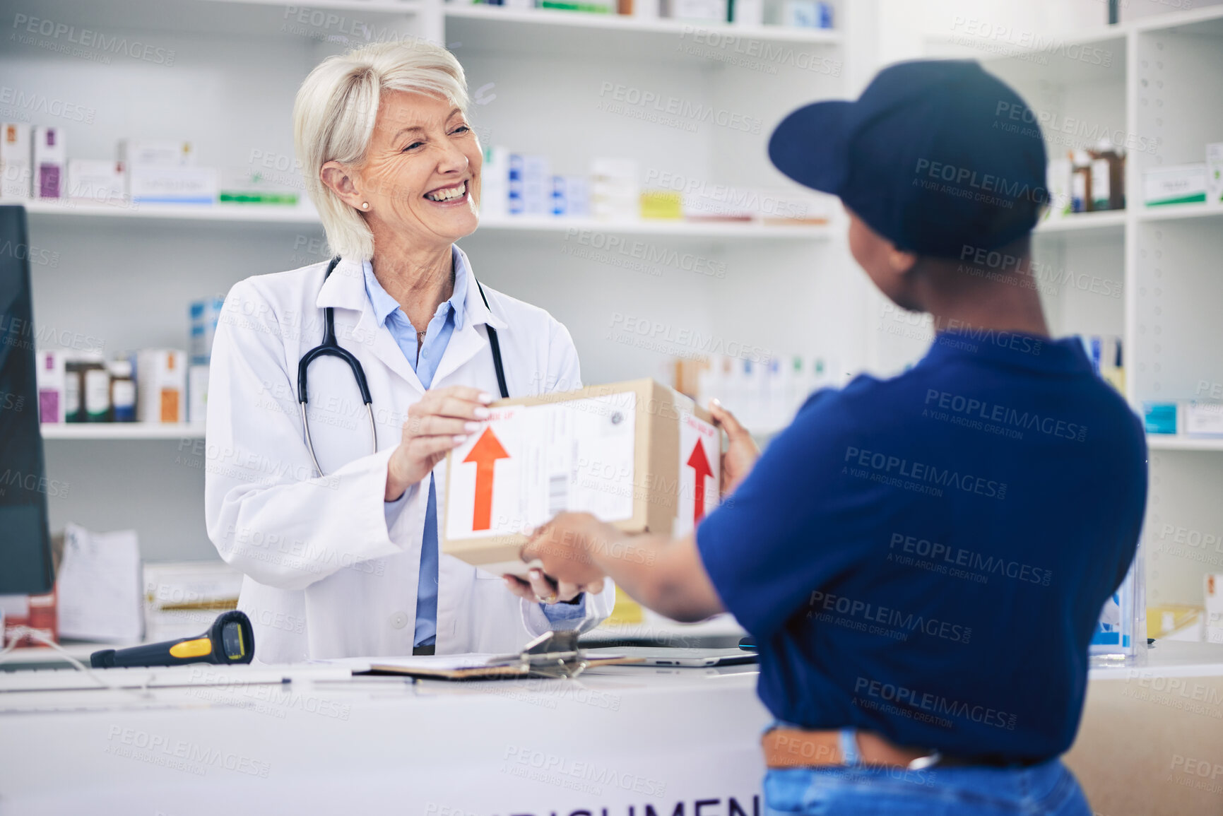 Buy stock photo Pharmacist, package and delivery with woman in drug store for medical supplies with courier service. Healthcare professional, female employee and parcel with medicine in pharmacy for ecommerce.