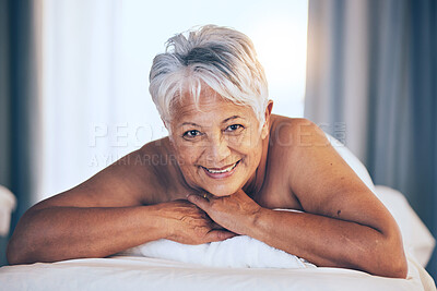 Buy stock photo Happy senior woman, portrait and massage in relax for spa treatment, body care and physical therapy at resort. Calm elderly female person smile relaxing on salon bed for zen, stress relief or getaway