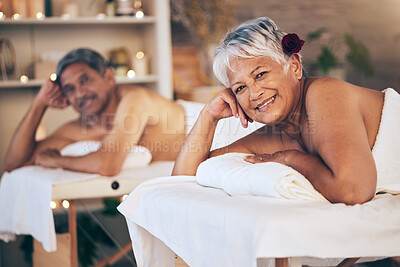 Buy stock photo Senior couple, massage and portrait with luxury treatment in retirement with a smile. Woman, beauty salon and hotel room together with cosmetics, wellness and happy from peace and hospitality