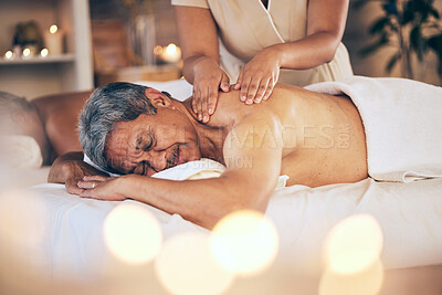 Buy stock photo Senior man, sleeping and relax for back massage, spa treatment or body care in physical therapy at resort. Calm elderly male person relaxing or asleep on salon bed for zen, stress relief or getaway