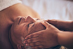 Senior woman, hands and face massage in relax for spa treatment, stress relief or body care at resort. Closeup of masseuse giving elderly female person a facial for relaxing, health and wellness