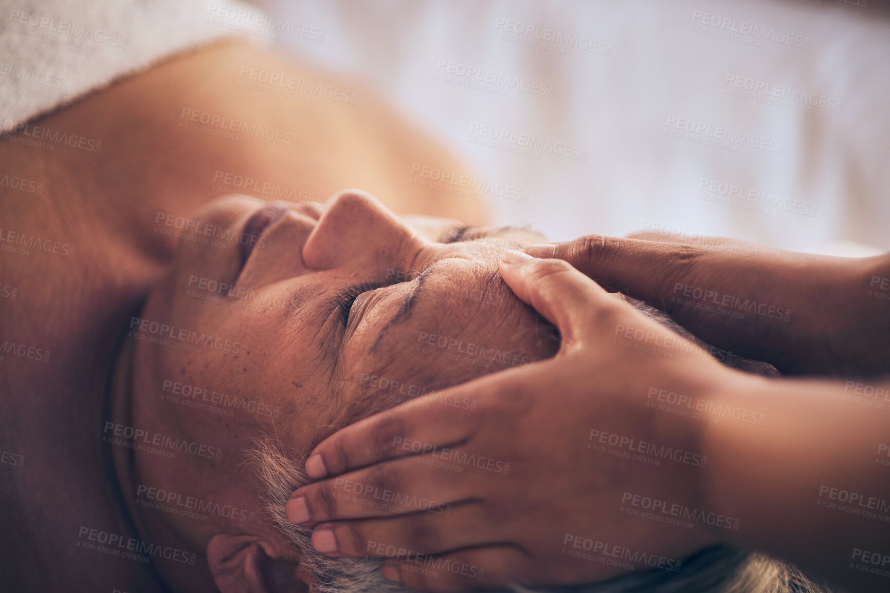 Buy stock photo Senior woman, hands and face massage in relax for spa treatment, stress relief or body care at resort. Closeup of masseuse giving elderly female person a facial for relaxing, health and wellness
