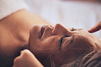 Senior woman, hands and string for grooming, hair removal or threading at beauty salon, spa or hotel resort. Closeup of female person sleeping in relax or zen for facial treatment or physical therapy