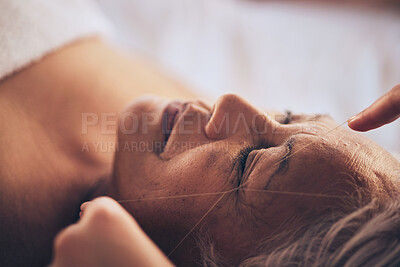 Buy stock photo Senior woman, hands and string for grooming, hair removal or threading at beauty salon, spa or hotel resort. Closeup of female person sleeping in relax or zen for facial treatment or physical therapy