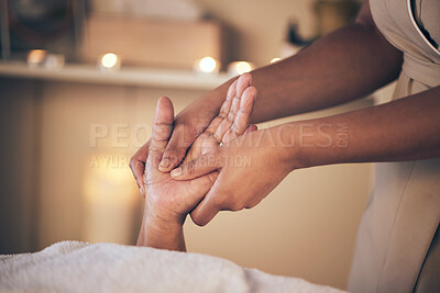 Buy stock photo Woman, hands and massage in relax for spa treatment, body care or physical therapy at the resort. Closeup of female person holding hand for stress relief, comfort or zen in healing or reiki at salon