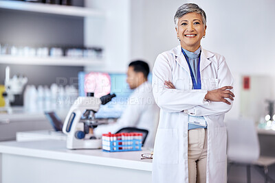 Buy stock photo Portrait, research and senior woman with arms crossed, medical and scientist with lab equipment, smile and growth. Female person, confidence and healthcare professional with science and innovation