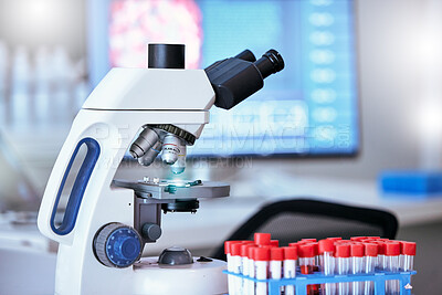Buy stock photo Medical, blood sample and microscope in laboratory for research, DNA testing and examination. Healthcare, biotechnology and science equipment for vaccine development, analysis and medicine discovery