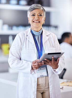 Buy stock photo Science, tablet and portrait of senior woman in laboratory for research, data analytics and study results. Healthcare, biotechnology and happy female scientist on digital tech for medical analysis