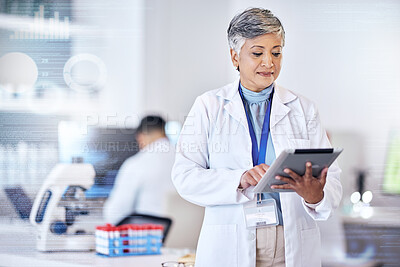 Buy stock photo Senior scientist, woman with tablet and overlay, code with digital science data for medical research in lab. Biotech, female doctor with scientific experiment results and analytics from investigation