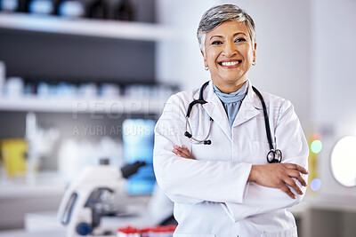 Buy stock photo Senior scientist, woman with arms crossed and portrait, science study for medical research in laboratory. Biotechnology, confident female doctor with scientific experiment and future with smile