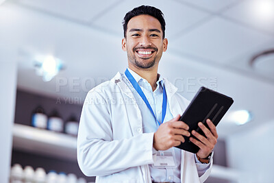 Buy stock photo Science, tablet and portrait of man in laboratory for research, data analytics and study results. Healthcare, biotechnology and happy male scientist on digital tech for medical analysis and medicine