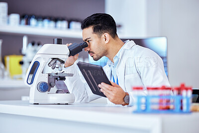 Buy stock photo Science, microscope and man on tablet in laboratory for research, test and sample analysis. Digital tech, biotechnology and scientist with medical equipment for vaccine study, analytics and medicine