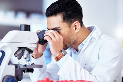 Buy stock photo Science, check microscope and man in laboratory for research, test and sample analysis. Healthcare, biotechnology and scientist with medical equipment for vaccine development, analytics and medicine